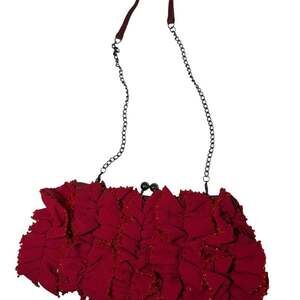 Hype Brand Deep Red Ruffle Beaded Clutch Purse with Chain Strap Y2K